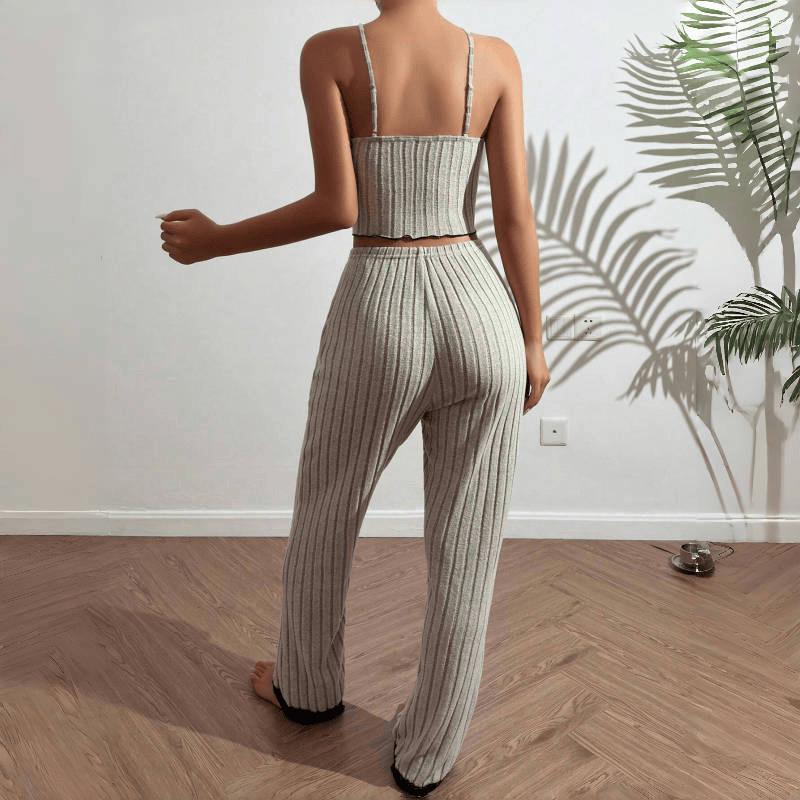 Cross-Border Hot-Selling Women's Rib Knit Heart Camisole Pajamas Set - Wearable Outdoors with Long Pants