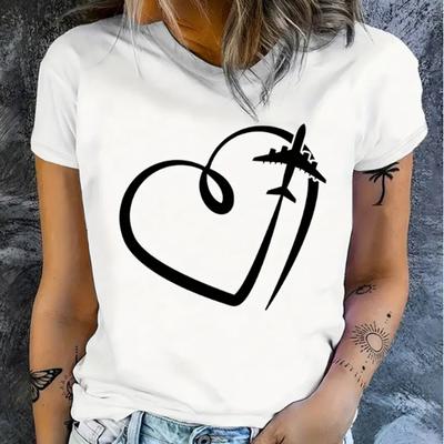Fashion Women Flat Heart-shaped Airplane Print T Shirt Funny Casual O-neck Short Sleeves T-shirt Summer Female Tee Shirt