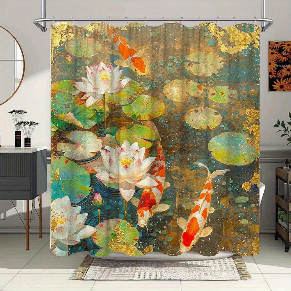 1Pc Serene For Lotus & Koi Fish Pond Shower Curtain - Realism Impressionism Art With Pink White For Lotus, Orange Koi,
