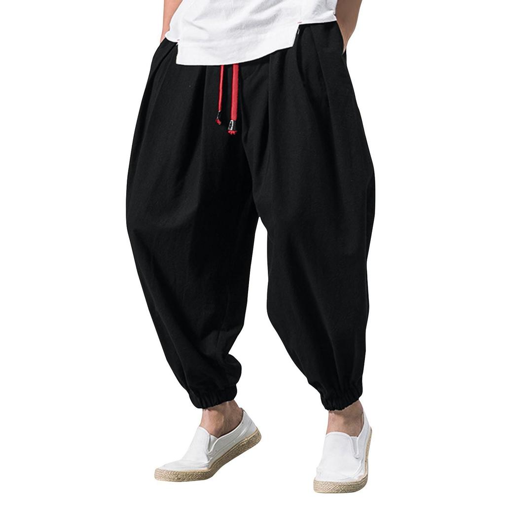 Men's Japanese Cotton Linen Cropped Pants Loose Wide-Legged Pants Plus Size Casual Pants