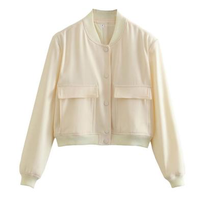 Damen-Freizeitjacke, lange Ärmel, Stehkragen, einfarbig, Knopfverschluss, tiefe Schulter, große Tasche, kurze Damen-Bomberjacke, abgeschnittener Mantel, Oberbekleidung