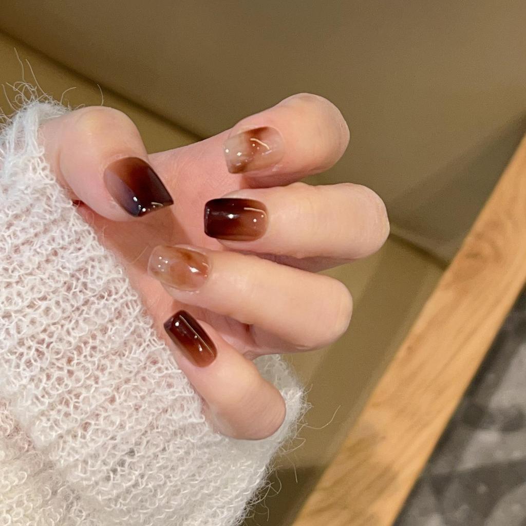 Red Brown Autumn/Winter Coffee Color Gradient Handmade Wearable Nails Model Y838 with Box and Tool Kit.