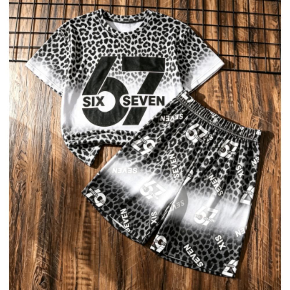 Fashion Kids Set Leopard 67 Number Printed Kids T-shirt and Shorts 2 Piece Set Summer Casual Outdoor Street Boy's and Girl's T-shirt Sets