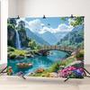2D Bergsee-Wandteppich, 2D-Flachdruck Wasserfall und Brücke mit lebendigem Blumenhintergrundstoff
