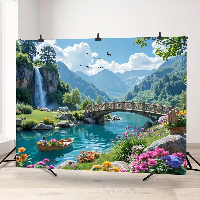 2D Bergsee-Wandteppich, 2D-Flachdruck Wasserfall und Brücke mit lebendigem Blumenhintergrundstoff