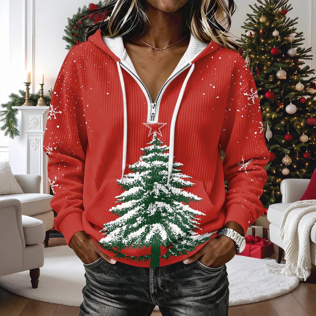 Women's Long Sleeve Christmas Print Hoodie Pullover Top with