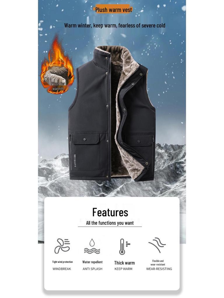 Men's Thickened Fleece-Lined Workwear Vest with Multi-Pockets for Autumn/Winter