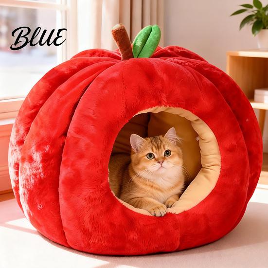 Plüsch-Haustierhaus für kleine Hunde, Apfelförmige Katzenhöhle, Versteck mit abnehmbarem Kissen, Warmes Niedliches Fruchtförmiges Bett, Gemütliches Geschlossenes Katzenbett für Herbst Winter