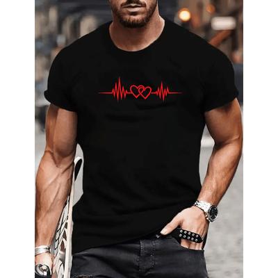 Taglie Europee Rosso Doppio Cuore Linea Battito Cardiaco Stampa | T-Shirt Casual a Maniche Corte, Molto Versatile per l'Allenamento Fitness