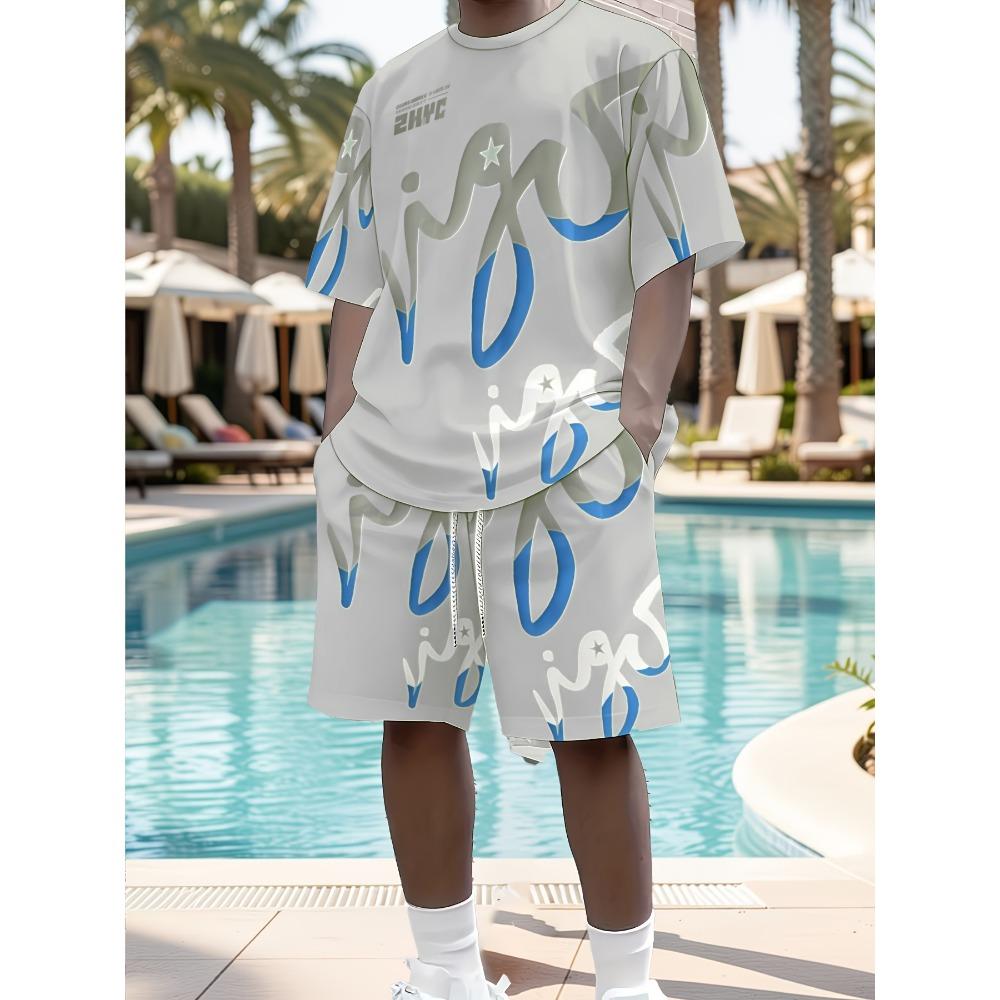 2026 Summer American Men's T-shirt Set for Outdoor Sports Fashion Casual Soft Breathable with 3D Graffiti Pattern Print