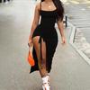 Summer Spice Girl Suspender Dress Side Drawstring High Split Fork Slim Skinny Hips One-step Long Dress