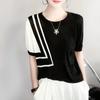 Women's Knitted T-shirt Ice Silk Short Sleeve Irregular Contrasting Stripes Round Neck Summer New Women's Design