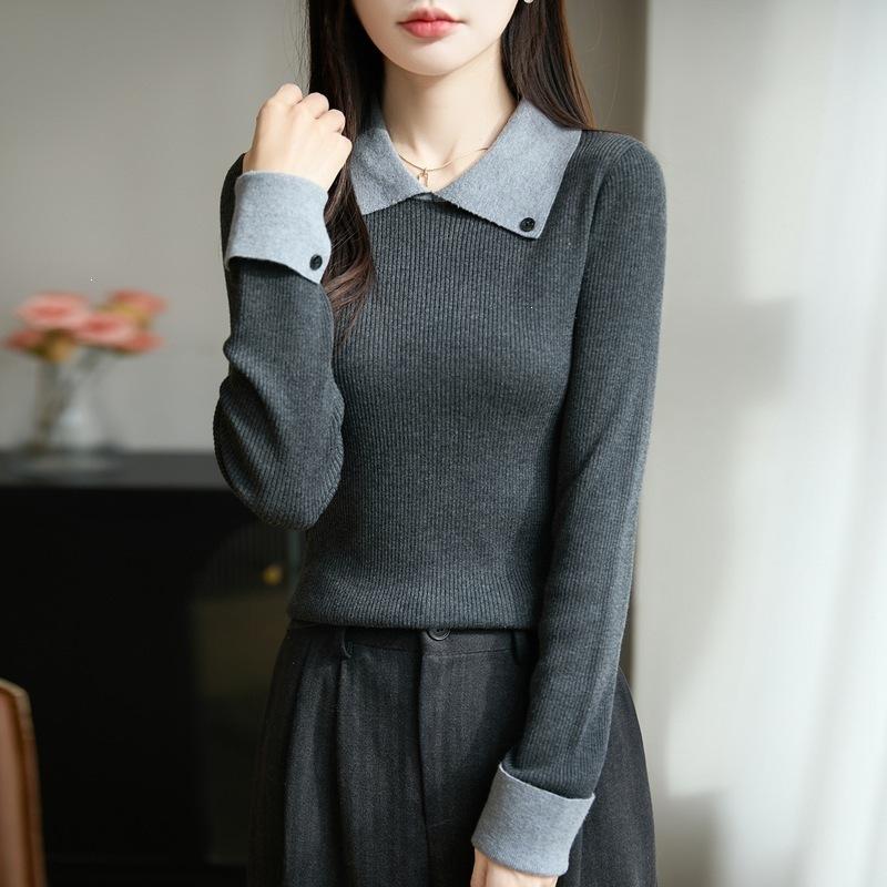Collared Knitted Sweater with Long Sleeves, Women's New Autumn-winter Style, Multi-color, Slim-fitting, Figure-hugging Base Layer Top