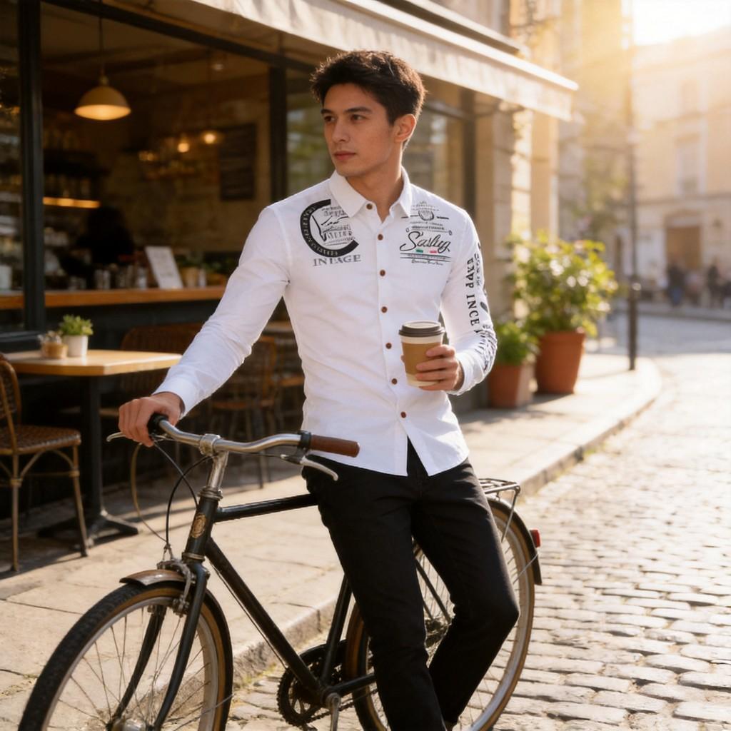 Mens Casual Long Sleeve Shirt With Print Collar And Button Closure
