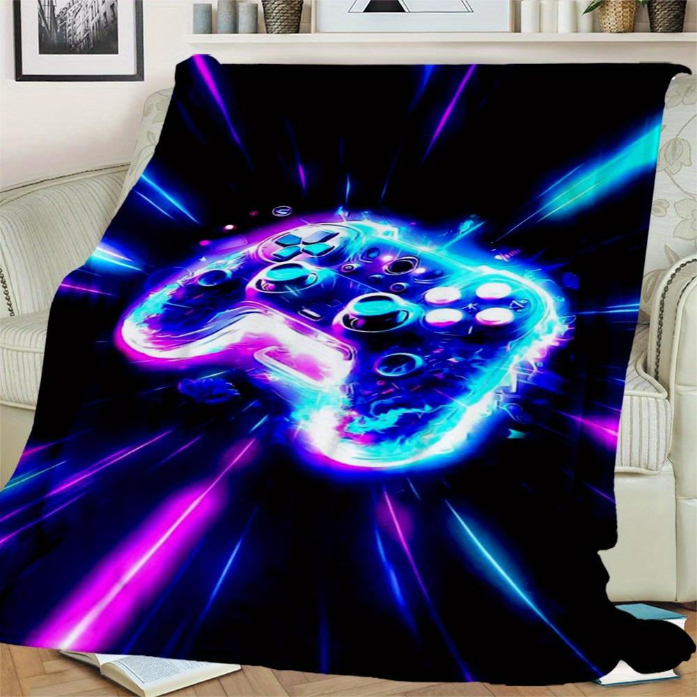 1Pc Gaming Controller Neon Lights Print Flannel Blanket, Comfortable for All Seasons, Home Decor, Warmth and Comfort, Perfect for Christmas Gifts