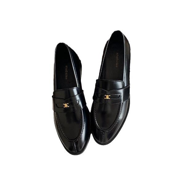 Strictly Selected Cowhide Version~ Grape Mother Same British Round Head Arc De Triomphe Gold Buckle Low Heel Loafers Women's Small Leather Shoes