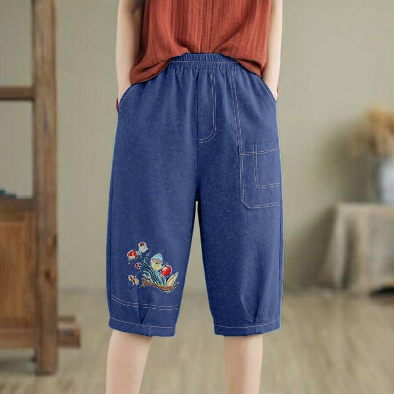 ZANZEA Women Casual Elastic Waist Loose Print Capris Pants S темно-синий