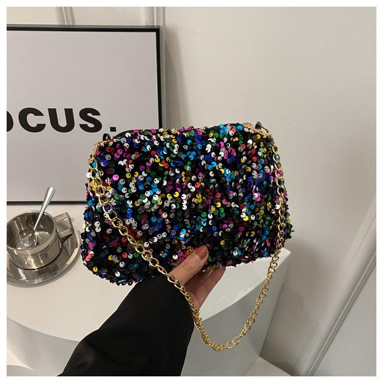 Black And White Sparkly Underarm Bag Women 2024 New Spring Nightclub Chain Small Square Bag Street Fashion