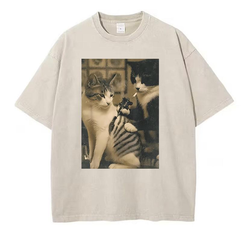 Gewassen Katoenen T-shirt Retro Rokende Kat Ontwerp Geprint Grafisch T-shirt Casual Streetwear Lente Zomer T-shirt Vintage