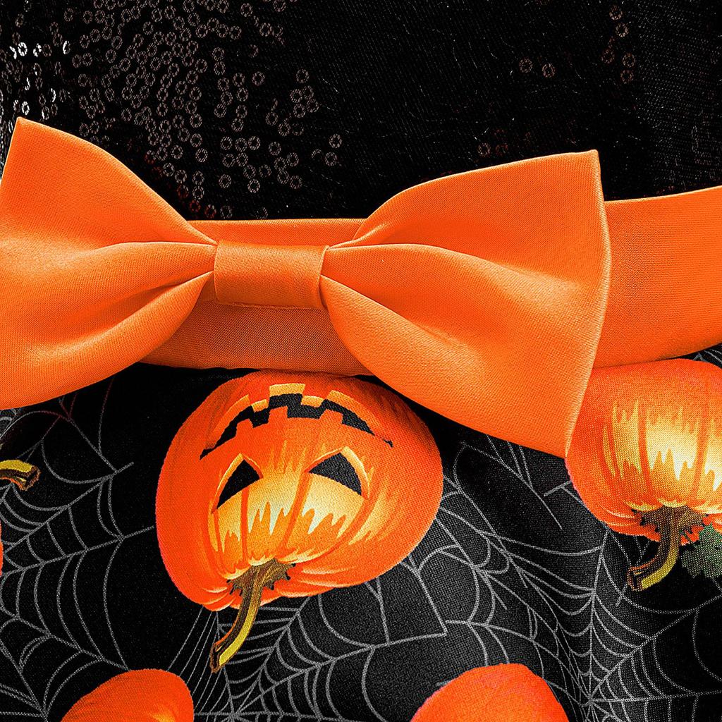 Halloween Girls Princess Spiderweb Pumpkin Fluffy Dress with Back Cutout