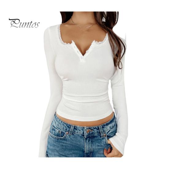 Lightweight Long Sleeve Shirt Women Tops Regular Fit V Neck Lace Stitching Office Wear Blouse Pullover Solid Color Autumn Winter Daily Dressy Top