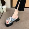 Fashion Thick Soled Slippers for Women Summer Chain Denim Chunky Heel Fashion Cross Slides Open Toe Outdoor Beach Woman Walking Slides