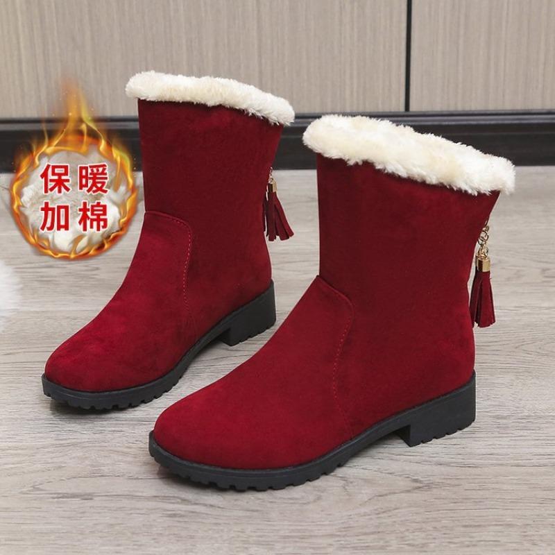Winter rough bottom velvet warm medium boots women's wish fashion simple suede fringed snow boots