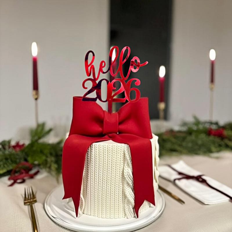 

1pc Happy New Year Cake Topper Golden Red Hello 2026 Acrylic Cake Topper For Christmas Xmas New Year Party Cake Decorations