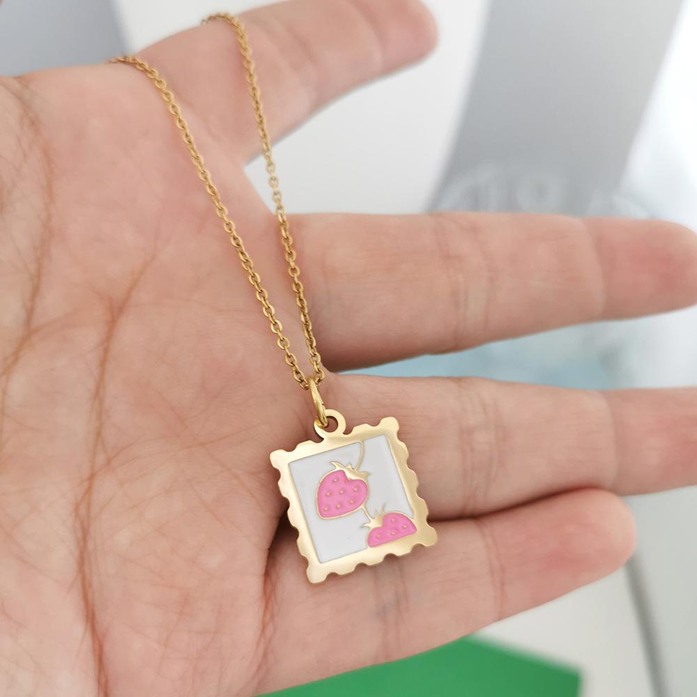 QMHJE Pendant Necklace Women Stainless Steel Strawberry Cherry Fish Lemon Slim Chain Choker Gold Waterproof