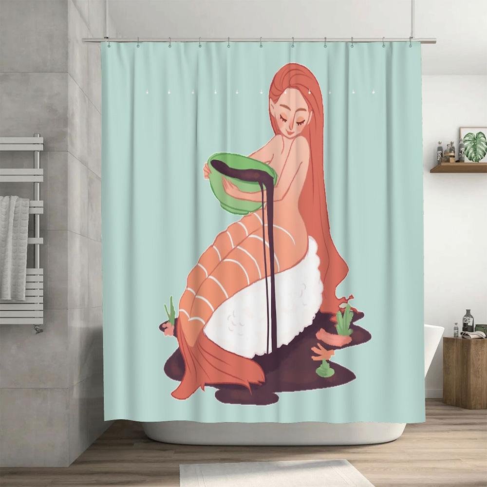 Mermaid Shower Curtain Ocean Wave Sea Life Bathroom Decor Coastal Blue Home Decor Beach Themed Waterproof Fabric