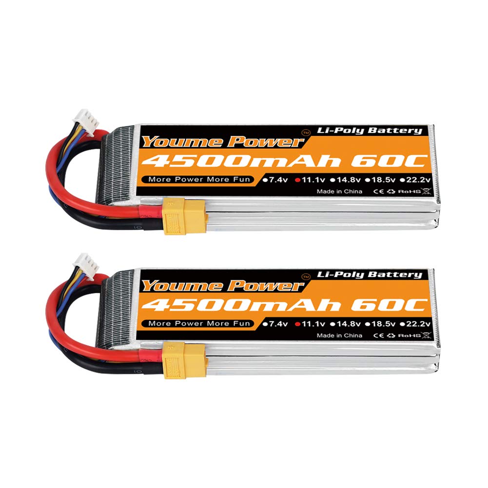 Youme 11.1V LiPo, 3S RC Lipo4500mAh 60C with XT60 Plug for RC CarTruck, Buggy, Boat, Heli, Drone (2-Pack)