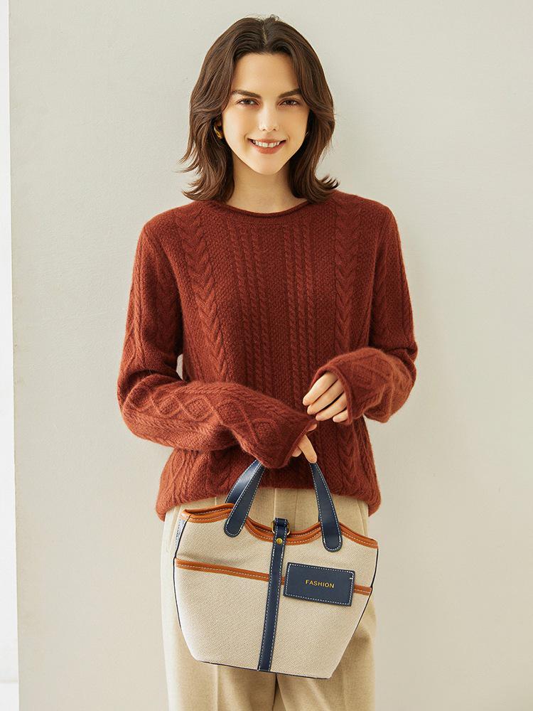Women's Retro Cable Knit Cashmere Sweater, Round Neck with Rolled Hem, Thick Loose Fit, Cozy Inner/Base Layer.