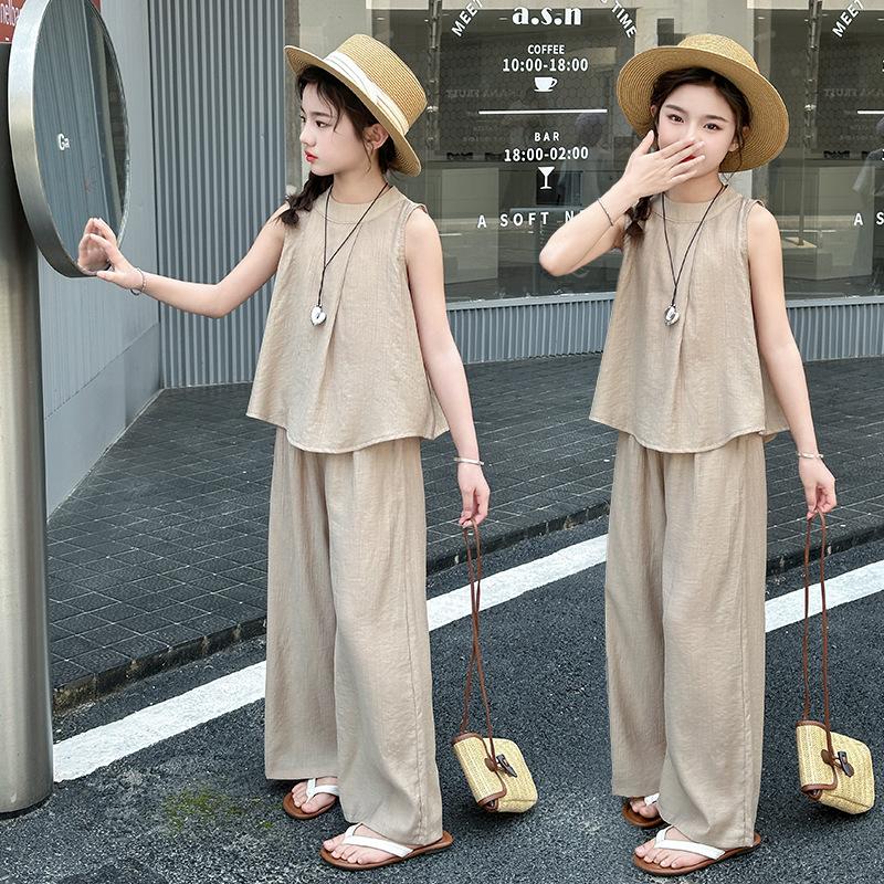 Mädchen Anzüge Sommer Bequem Ärmellos Outfits Weste + Weite Hosen 2-teiliges Kinder Set Lässig Kinderkleidung Trainingsanzug