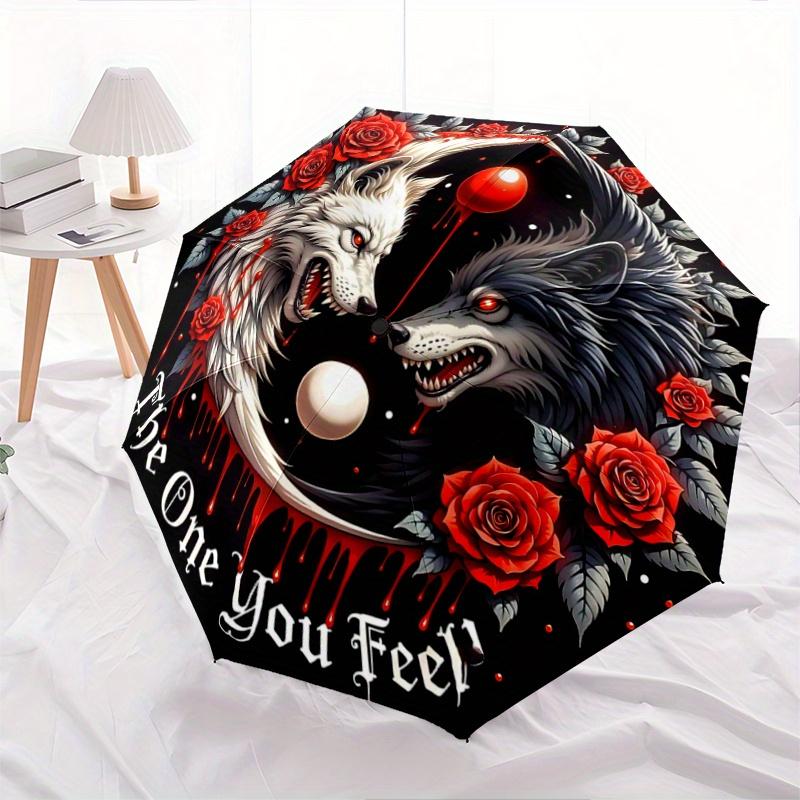 

1pc Yin-Yang of Wolves Amidst Red Roses Pattern Automatic 3-Fold Umbrella, 8 Iron Frames, High-Value Folding Umbrella, Suitable for Office, Trave