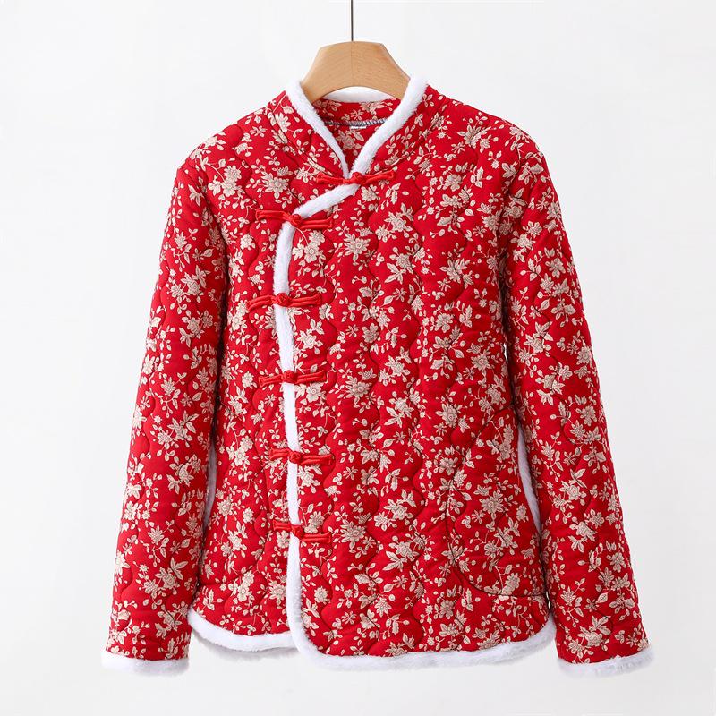 

Жіноча бавовняна куртка в китайському стилі з квітковим принтом 2024 року: Товстий дизайн на ґудзиках для осені та зими 4XL (105–120 jin)