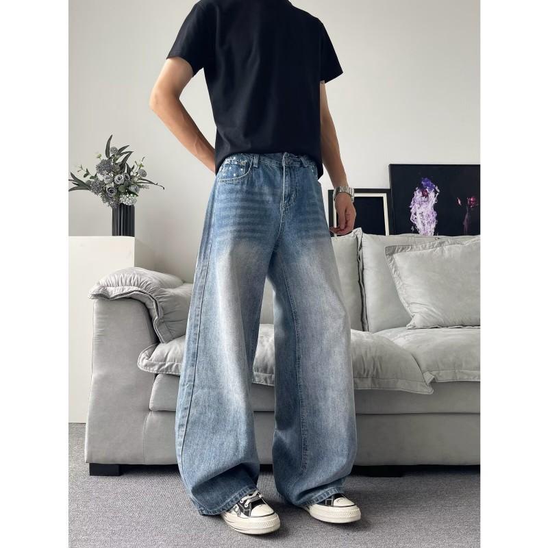 Mens Vintage Washed Distressed Denim Jeans Loose Straight Fit Casual Trousers