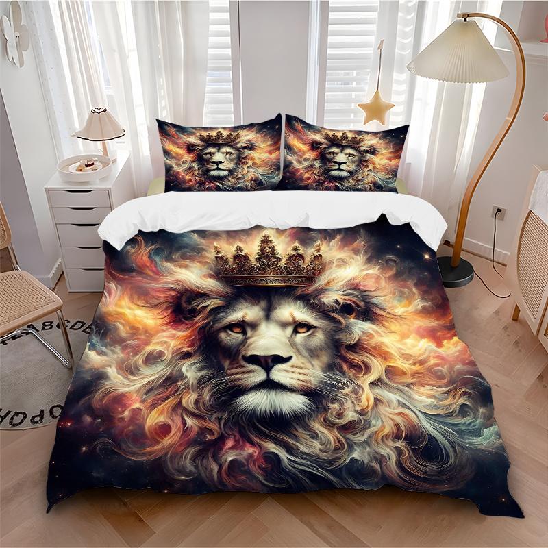 3pcs Lion's Crown Amidst Celestial Flames Bedding Set - Includes 1 Quilt Cover and 2 Pillowcases, Comfortable Bedding with Stylish Design for Bed