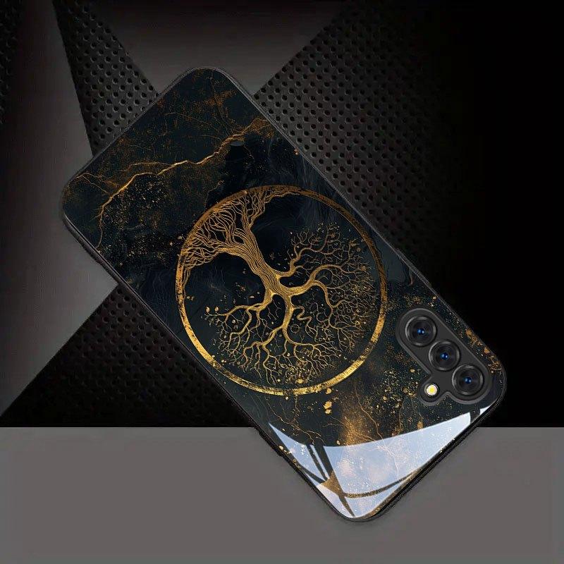 Black Gold Life Tree Pattern Tempered Glass Phone Case Suitable for Samsung for Galaxy S25 S24 S22 S21 S20 FE Ultra Plus 4G 5G