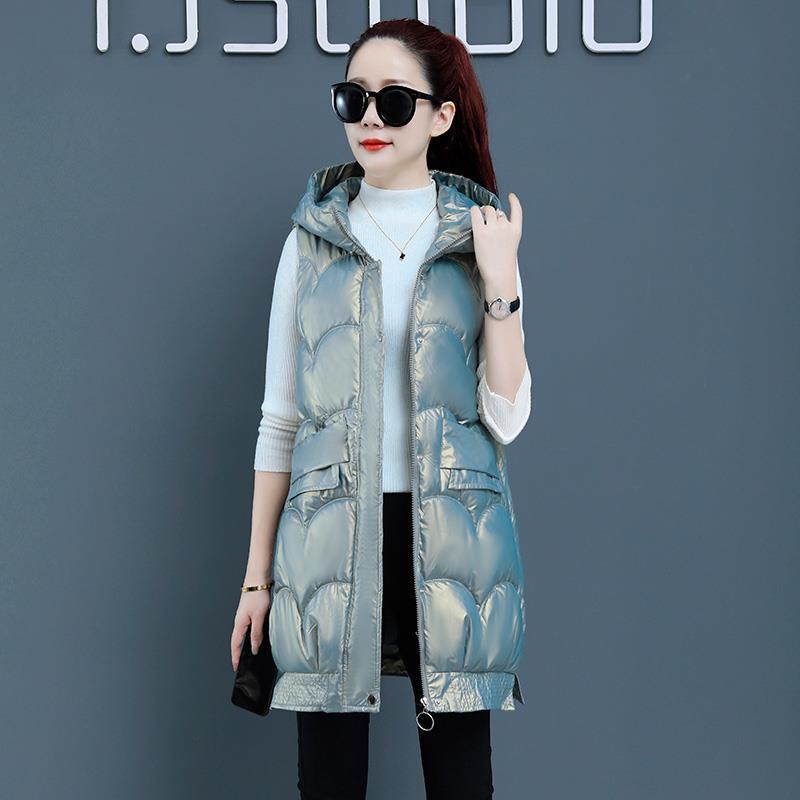 Cotton-padded vest leave-in women's autumn and winter new medium and long vest glossy down cotton vest jacket