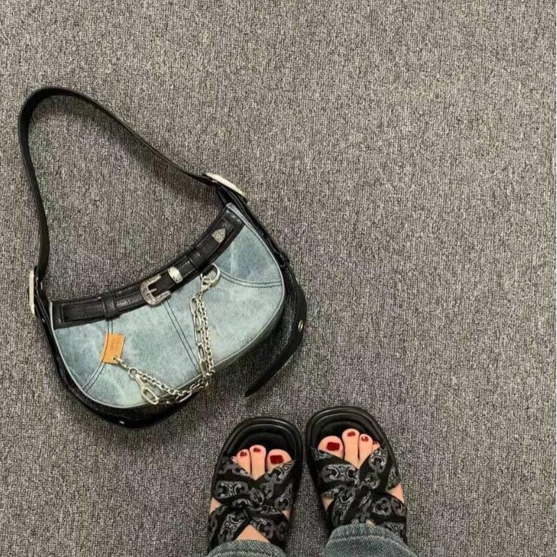 Vintage Denim Shoulder Bags Canvas Patchwork Y2K Style Female Underarm Bag Hottie Blue Hobos Crossbody Bags Women Chain Handbags