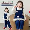 Meng Tang Tang Spring Floral Denim Three-Piece Set for Girls - Stylish Korean Style Children's Outfit.