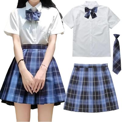 Limspace Sailor Uniform Perfect for Pleated Checkered Ribbon Halloween Short Long and Perfect for Amusement Entrance School and Cultural Blue Short