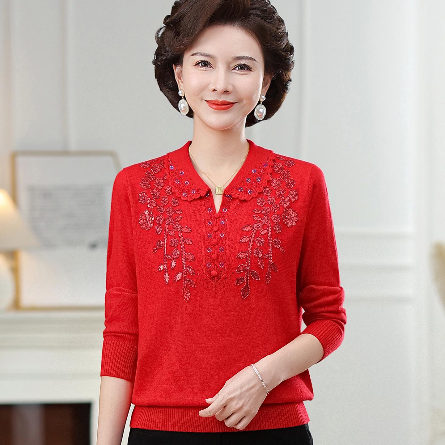 

Вышитый топ из смесовой шерсти: Весенне-осенний повседневный свитер большого размера для женщин среднего и пожилого возраста M красный