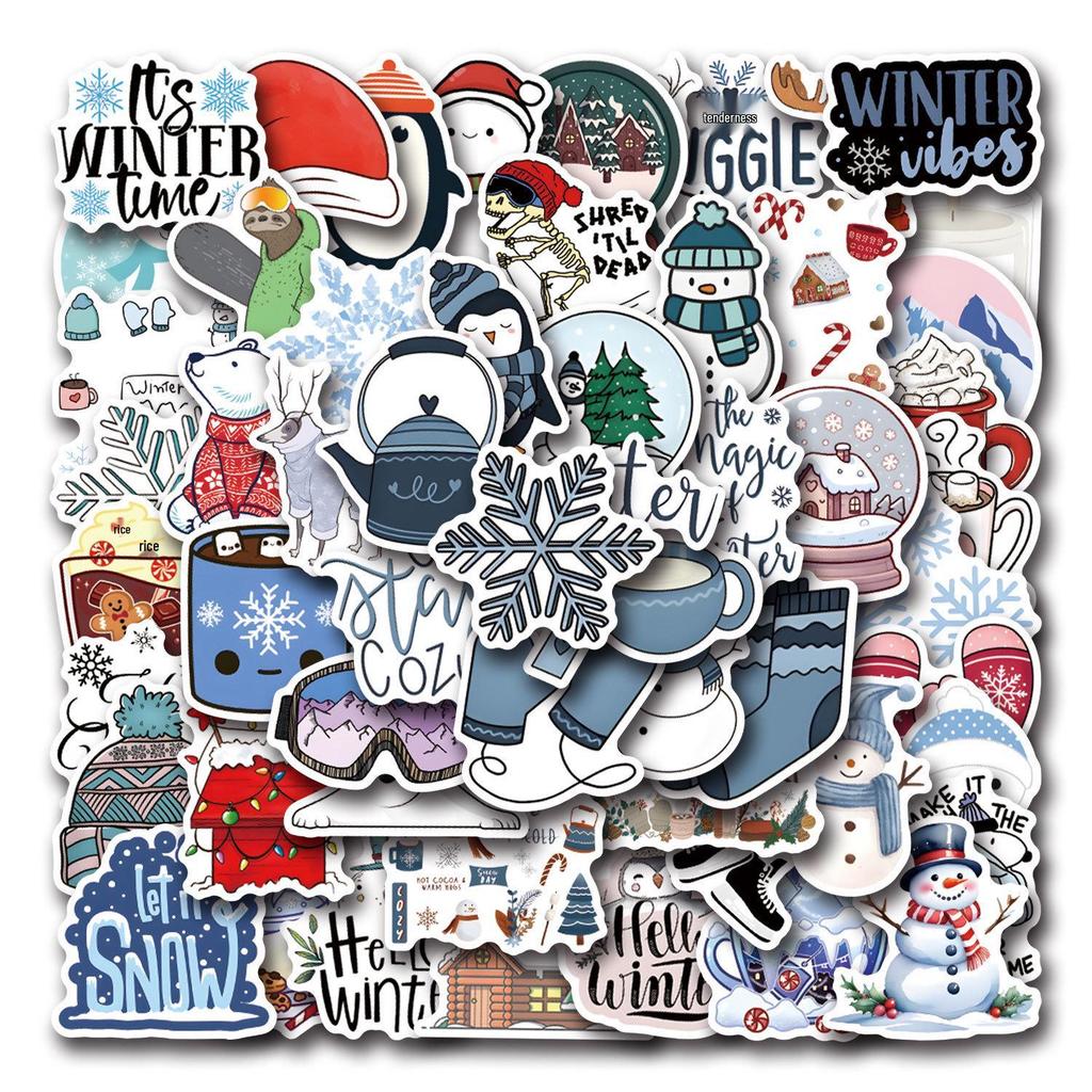 55 Waterproof Cartoon Winter Stickers for Stationery and Decorations.