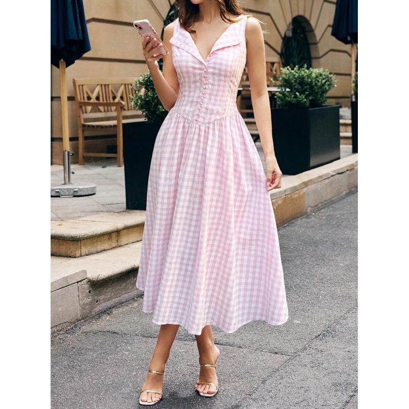 European French temperament elegant simple plaid V-neck sleeveless dress summer new skirt XS