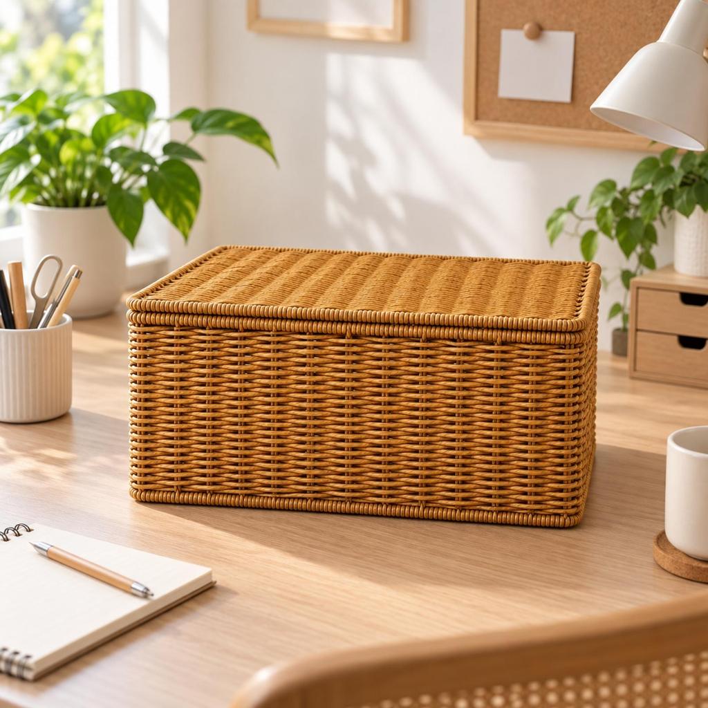 Rattan-Style Storage Basket with Fitted Lid Rustic for Living Room, Shelf