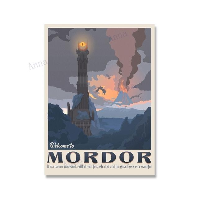 Canvas Painting Nordic Vintage Travel Poster and Prints Tolkien Middle Earth Landscape LOTR Art Wall Pictures Living Room Decor No Frame