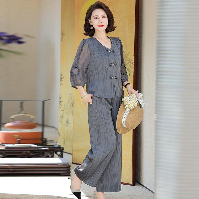 Plus Size Women's Summer Wide-Leg Pants Two-Piece Set for Middle-Aged and Elderly