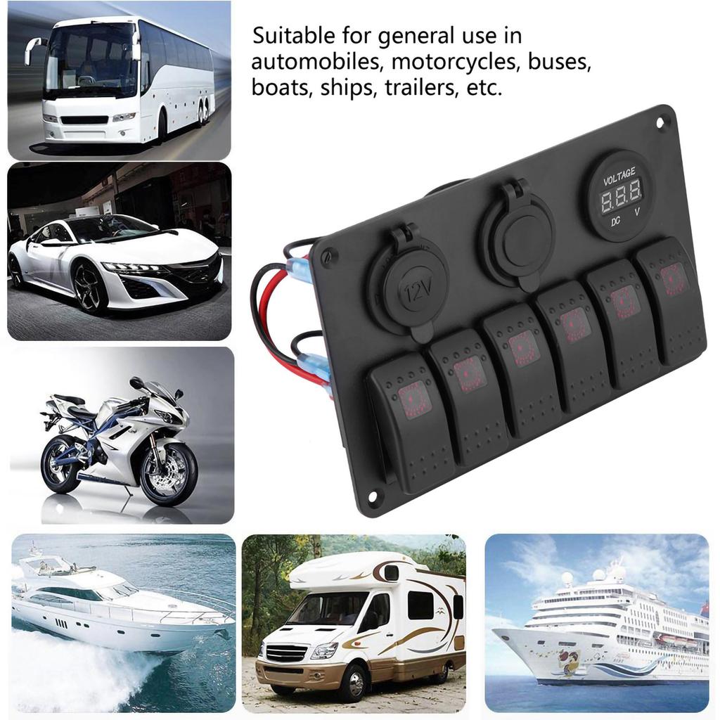 12V 24V 6 Gang Car Boat Marine LED Rocker Switch Panel Dual USB Voltmeter Cigarette Lighter
