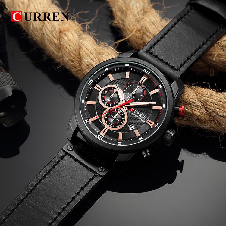 Curren 8291 Men's Multifunctional Leather Strap Watch with Six-Hand Calendar and Large Dial